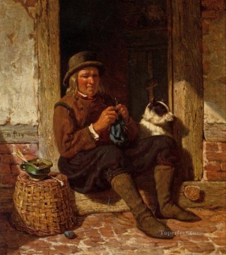 Ein Mann  sitzend in einem Eingang Stricken mit seinem Hund Ölgemälde